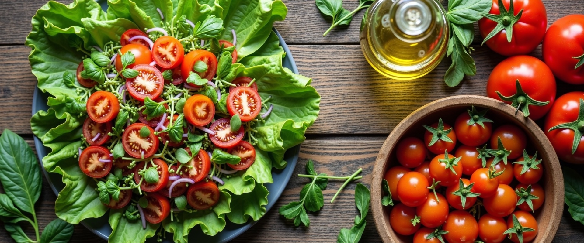 Salada fresca com ingredientes para temperar com vinagre