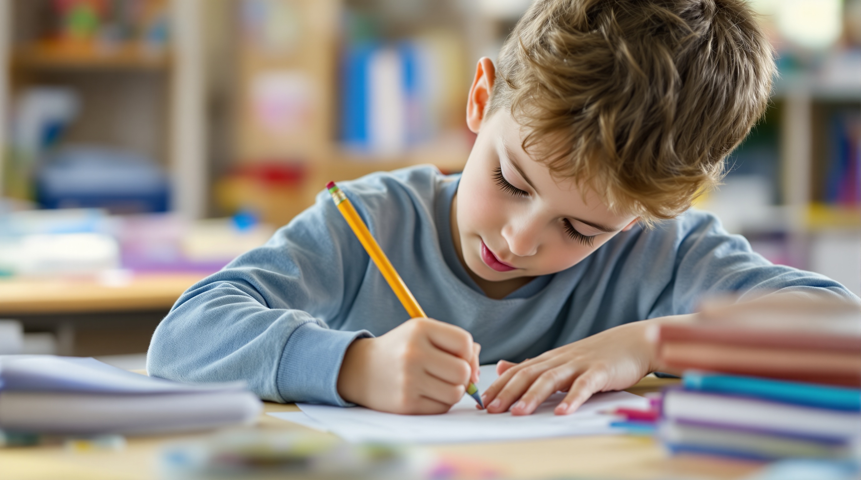 Enfant écrivant à son bureau