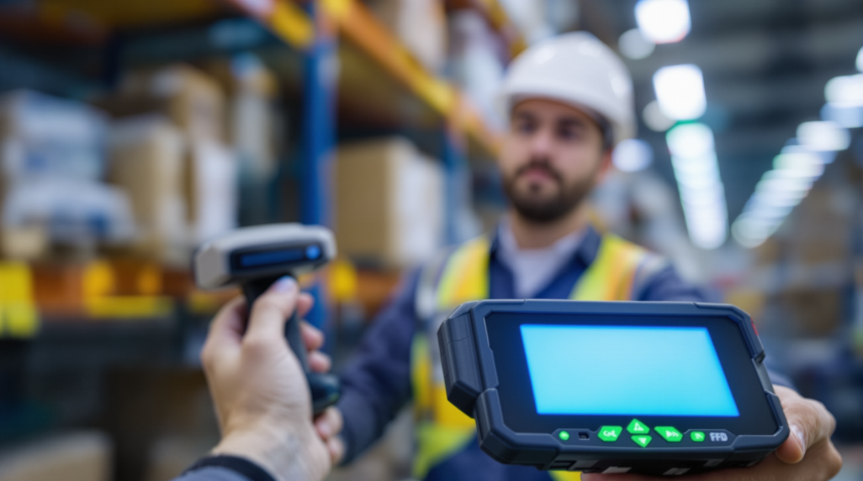 Professional warehouse worker using RFID handheld scanner for real-time inventory counting with AI-powered recognition technology in modern facility