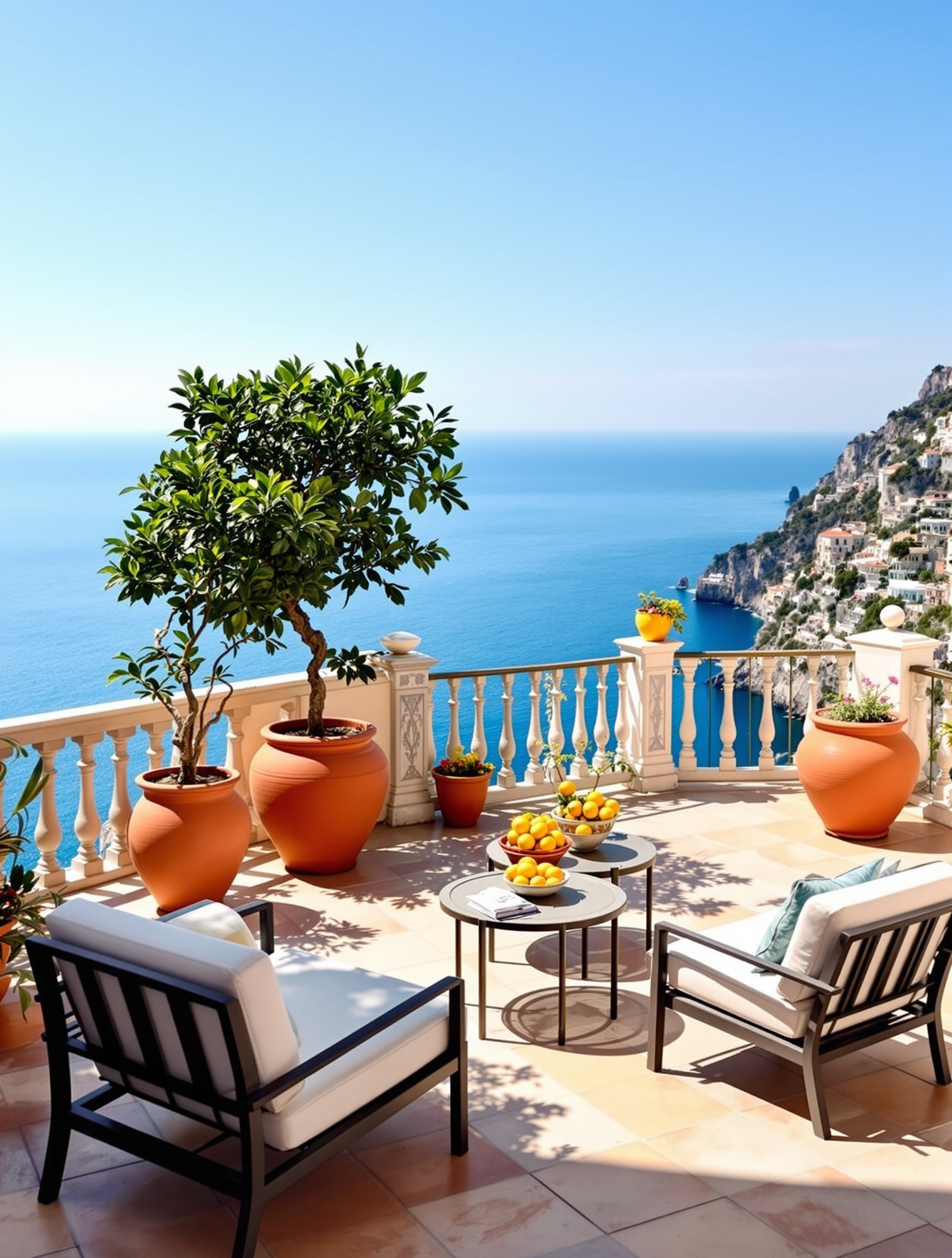 Bright Amalfi Coast Positano villa terrace on sunny day