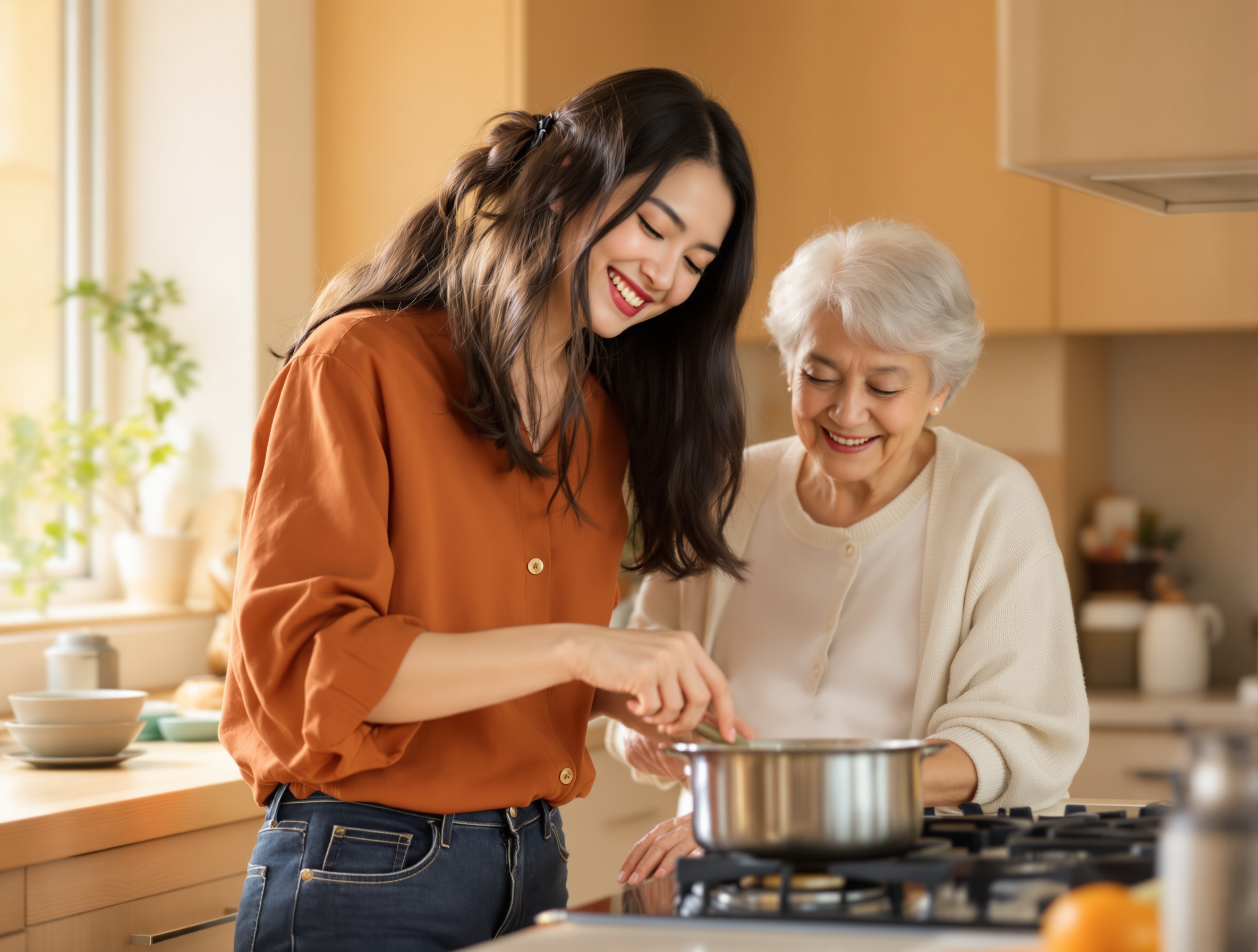 Chinese companion cooking together with an elderly Chinese woman in a warm home kitchen