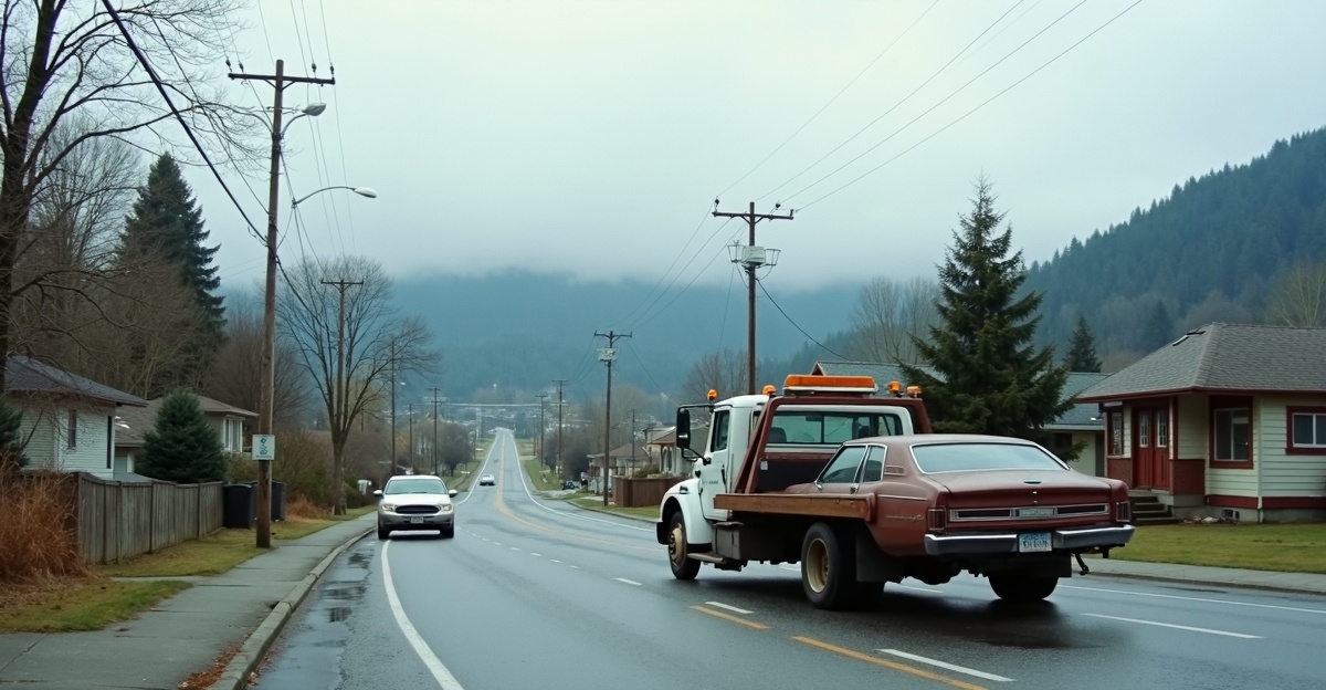 Flatbed tow truck removing an old pickup truck from a residential street in Pitt Meadows Central near the historic railway station and Lougheed Highway with Fraser River dykes in the background