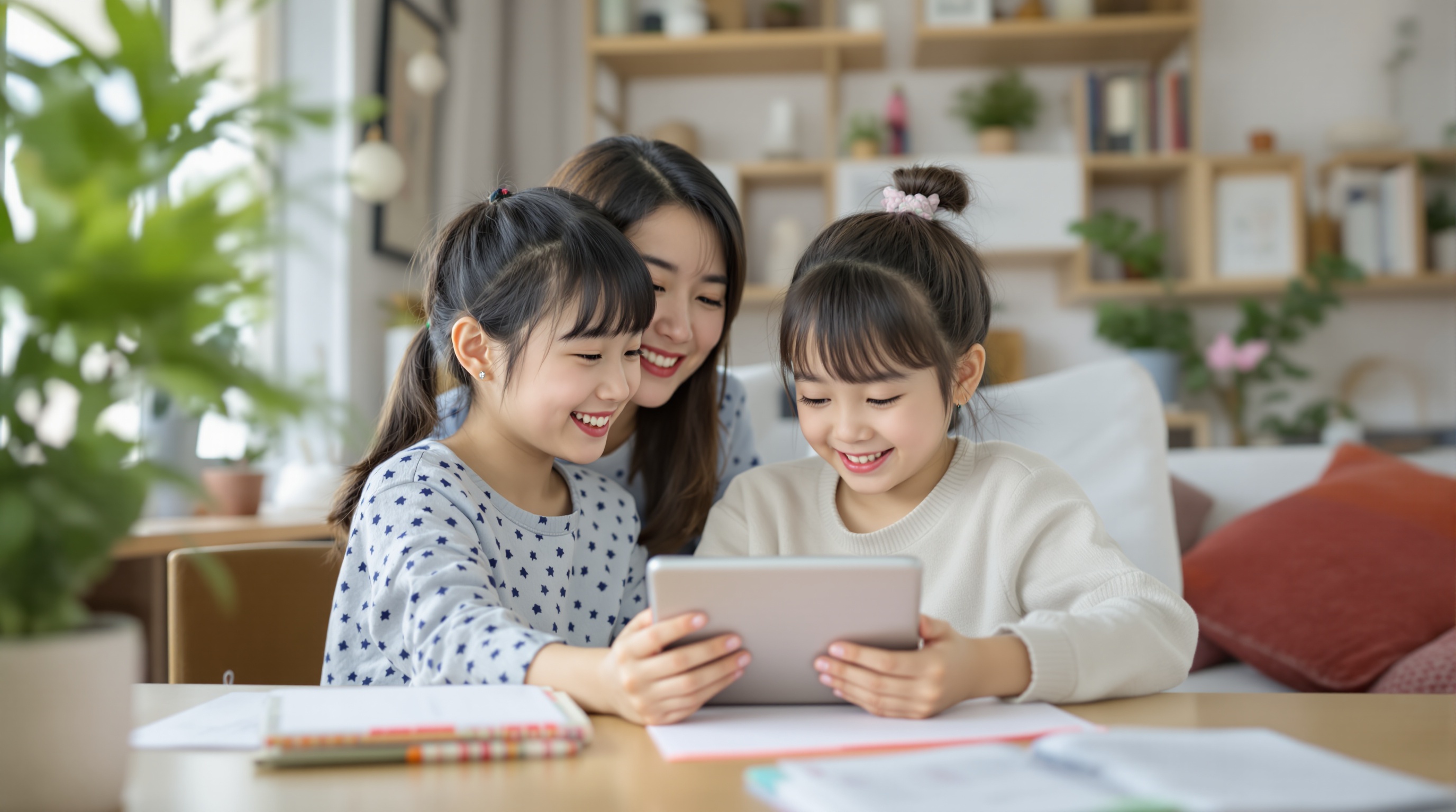 ECCジュニアオンライン教室 日本人ママと子供がタブレットで英語学習