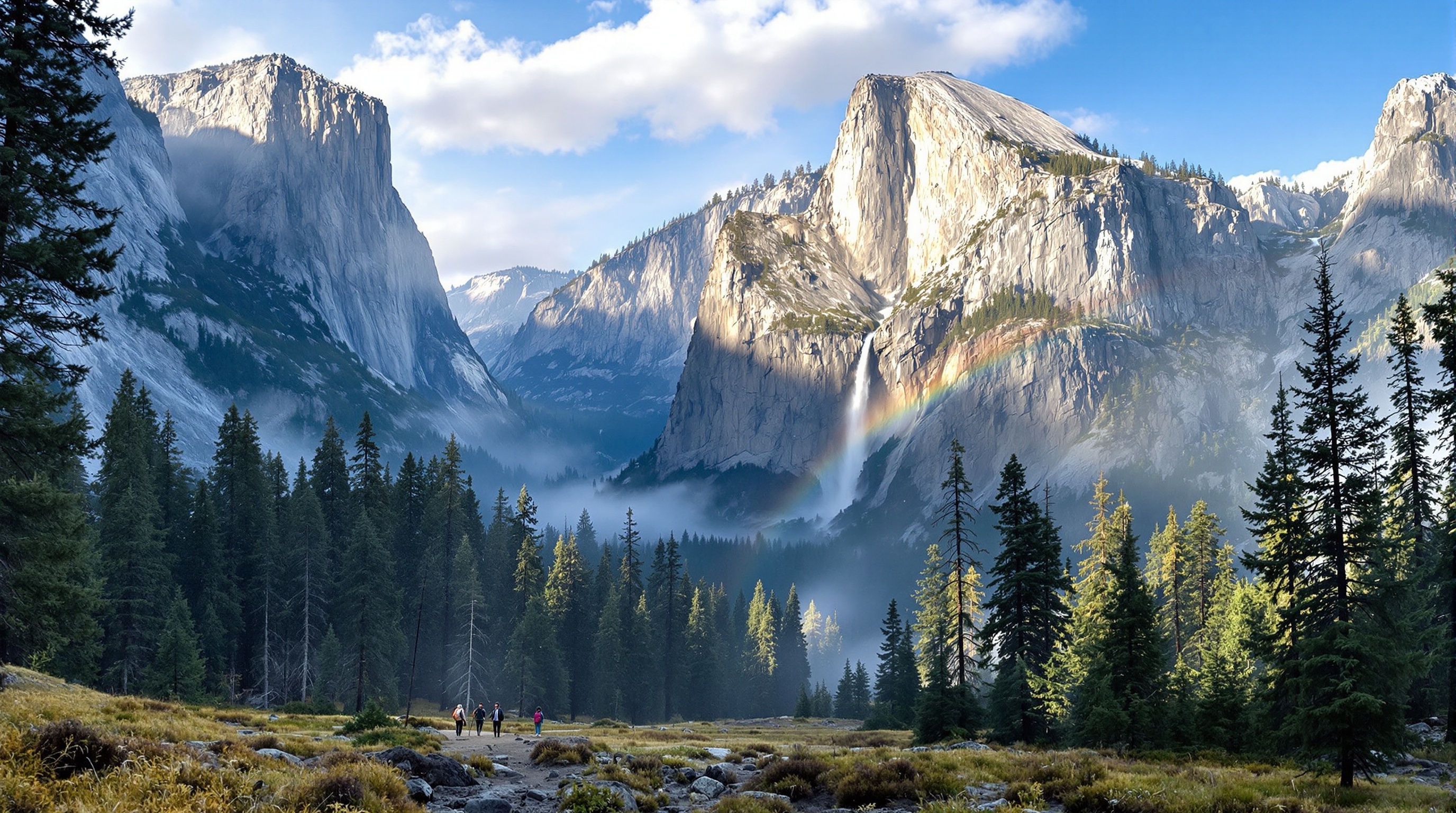 Hikers on Yosemite's Mist Trail with granite cliffs and waterfalls