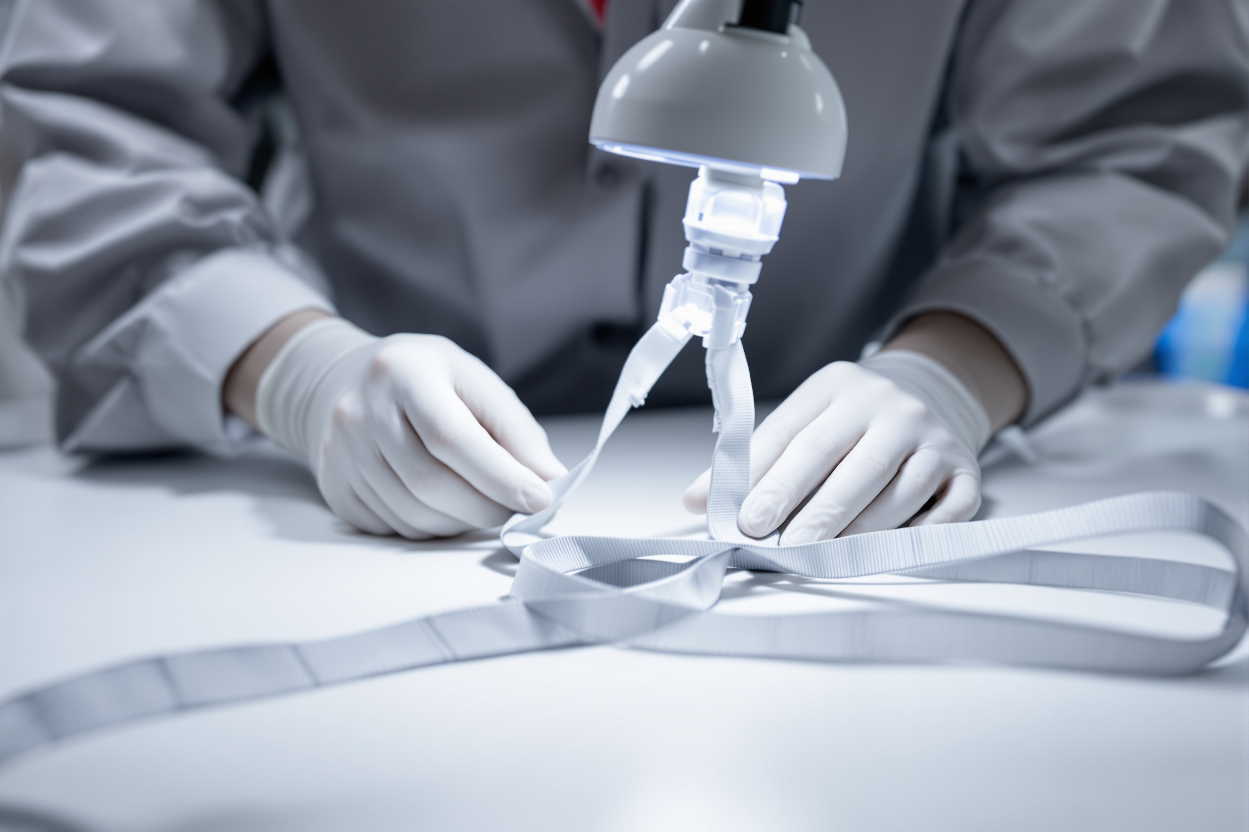 WellEmpire CPAP Strap Quality Control Inspection Quality control inspector examining CPAP headgear straps โ WellEmpire QC process