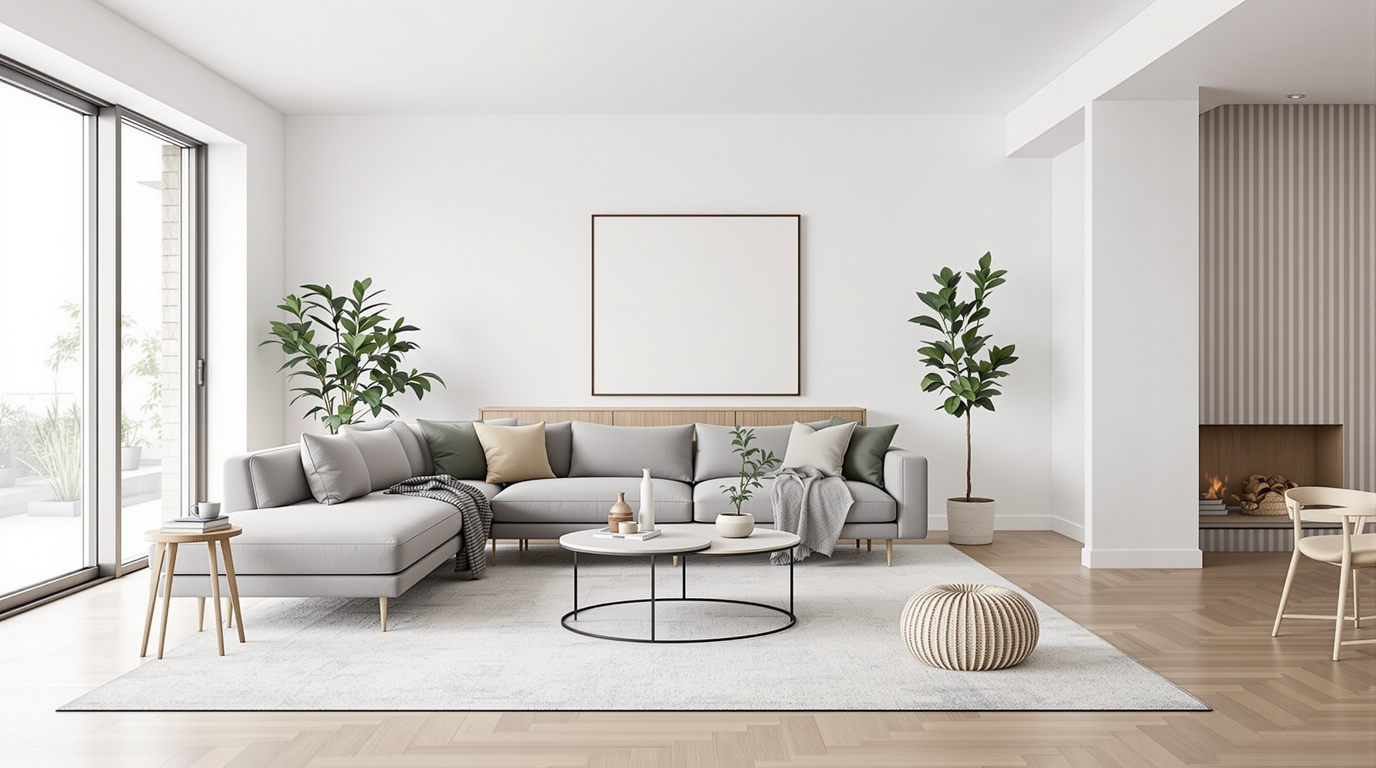 Open concept living room with correctly sized area rug