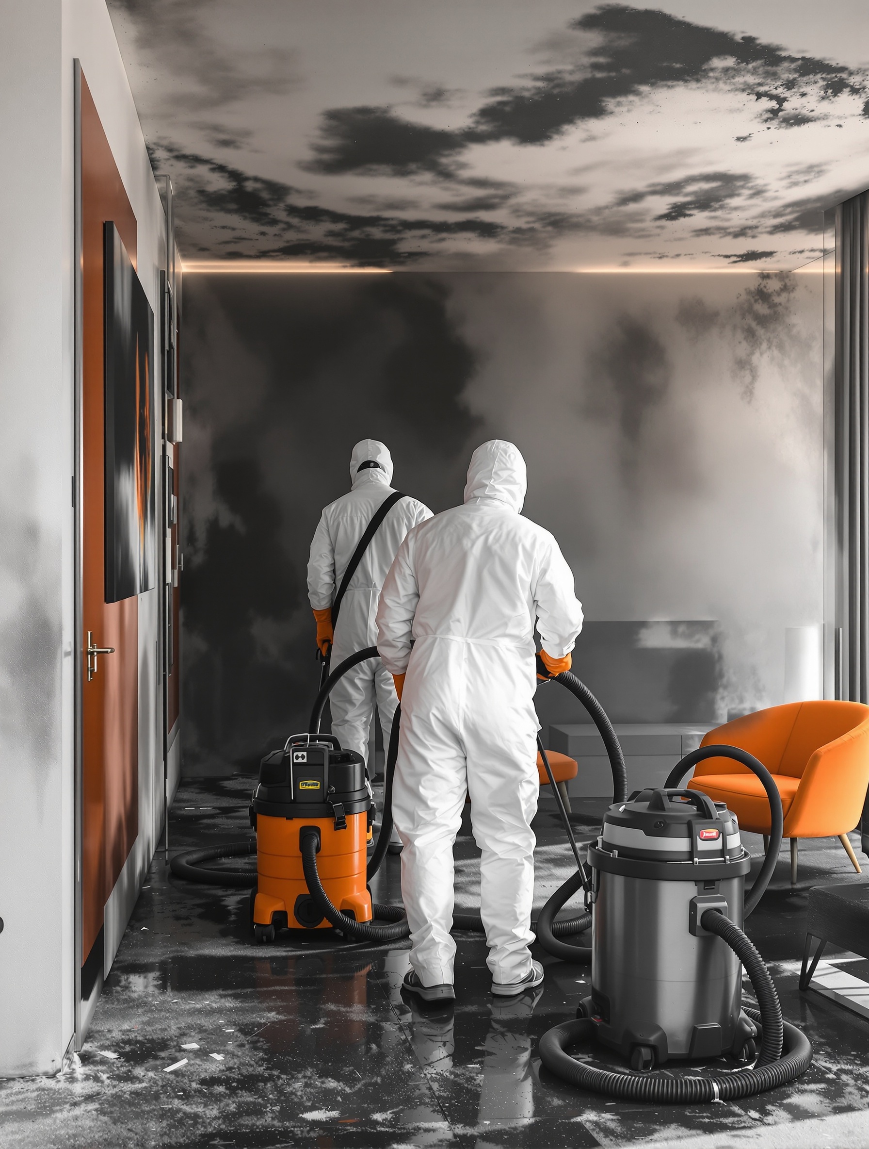 Equipo de técnicos Biotrauma realizando limpieza post incendio en Barcelona — especialistas en hollín, humo y desodorización con ozono