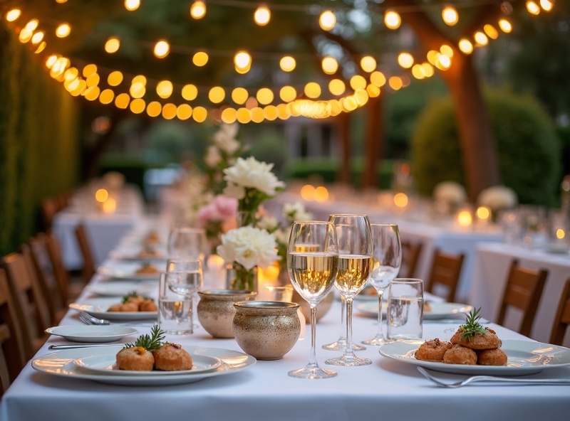 Catering premium para bodas de lujo en la Costa del Sol, decoración elegante con cristalería y flores en Marbella