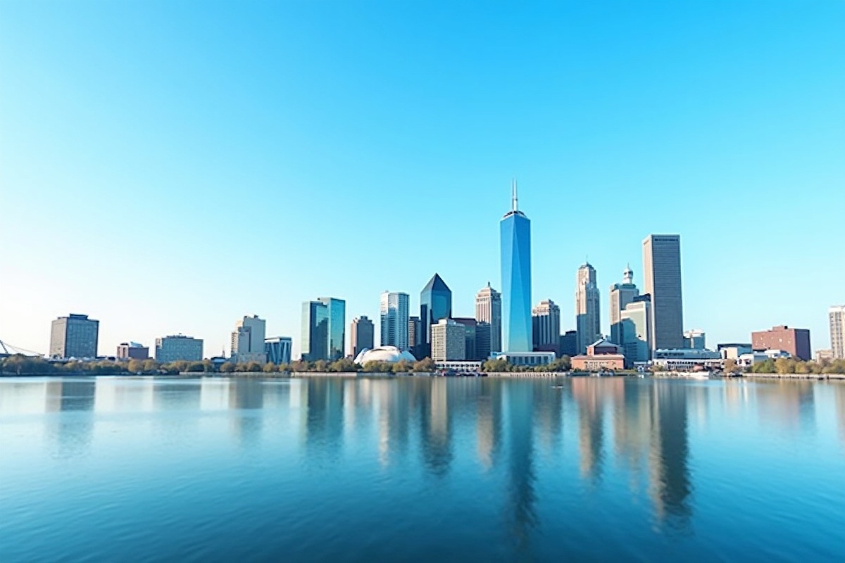 Detroit skyline with Renaissance Center overlooking the Detroit River