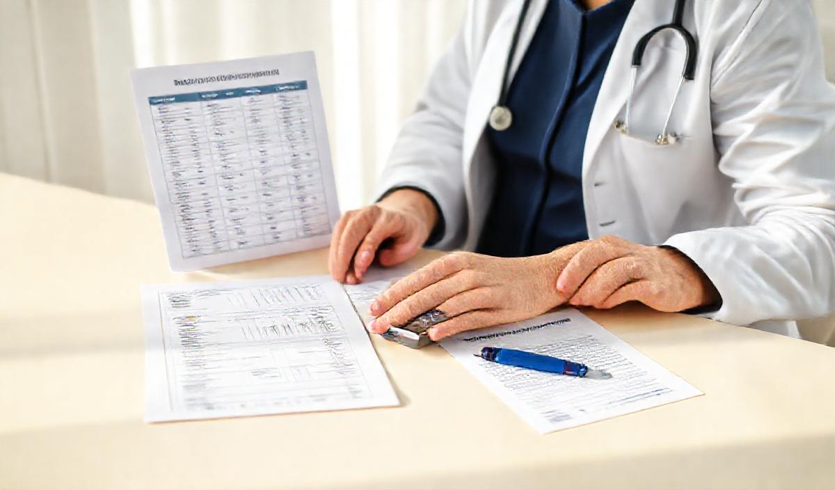 Doctor reviewing a patient chart with a blood glucose monitor and lab reports representing medical supervision required for therapeutic ketogenic diet use