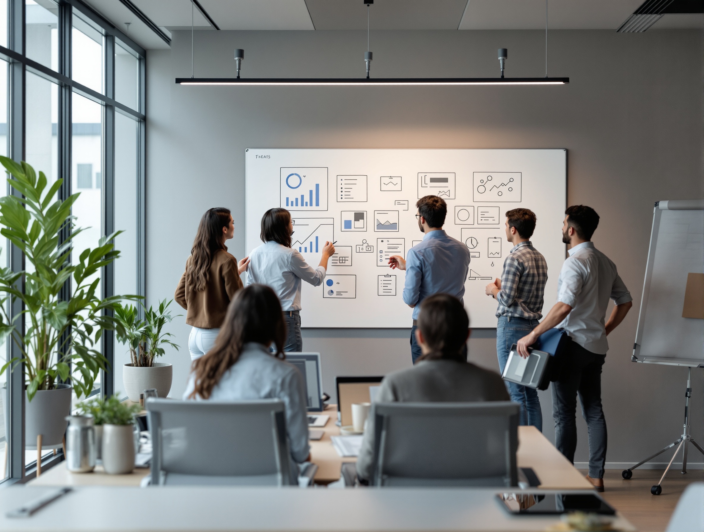 Business team collaborating on digital transformation with cloud and data-visualization screens