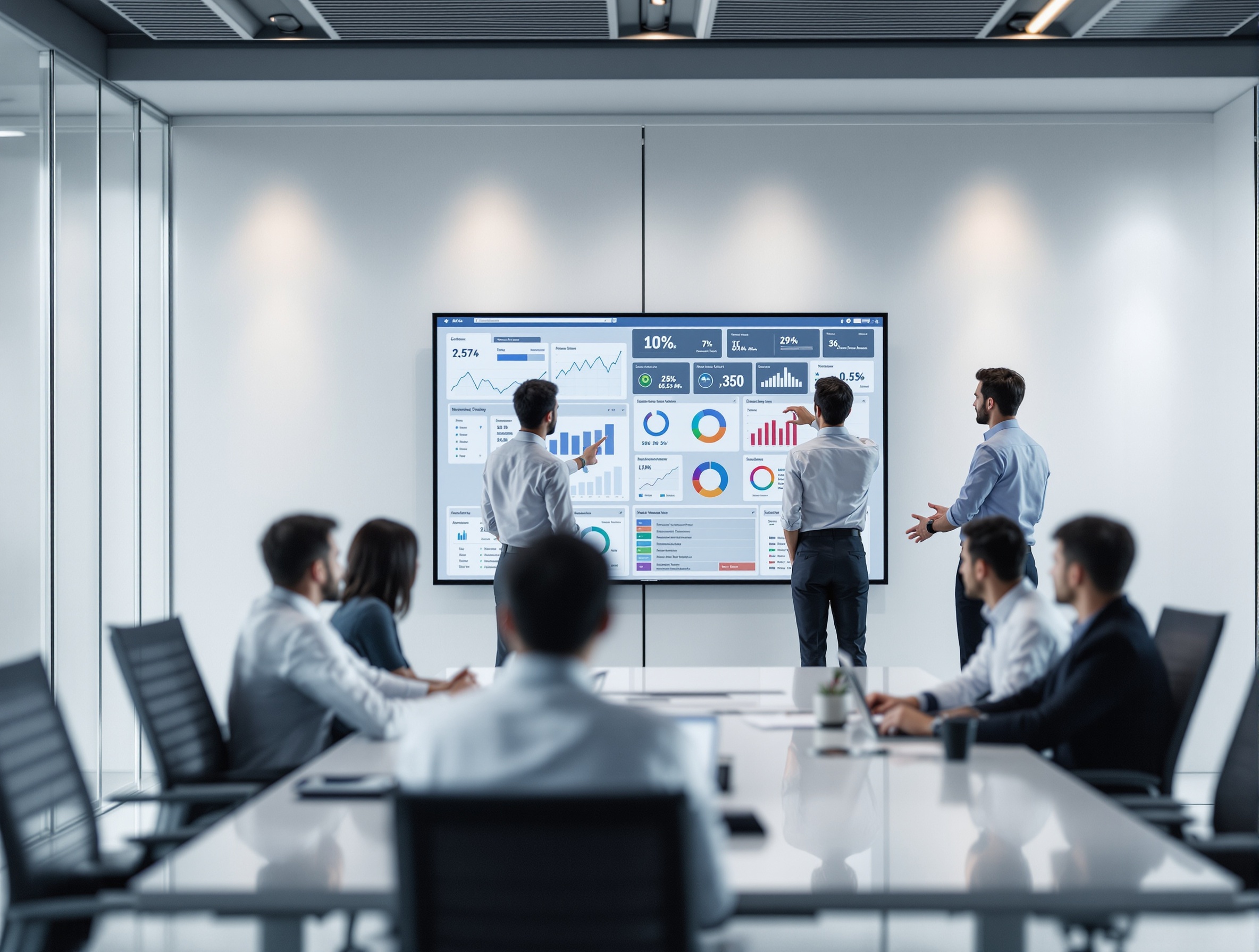 IT team working on ERP system integration with network diagrams and data screens