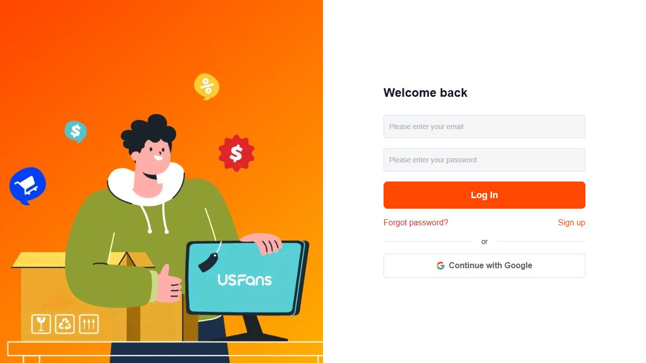 USFans sign-in screen reached from the Affiliate entry, with no account information entered