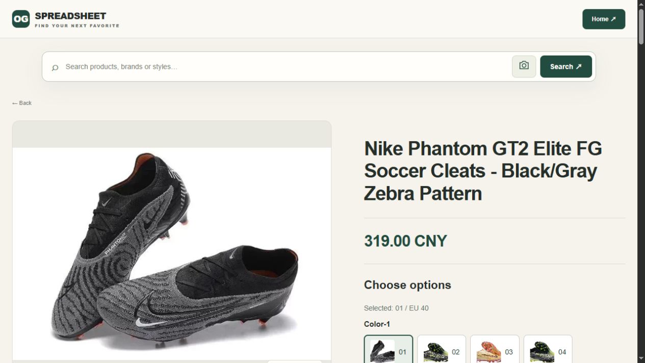 01 / EU 40: black-and-grey uppers with partial stud edges, 319.00 CNY; not a full outsole view or playing test.