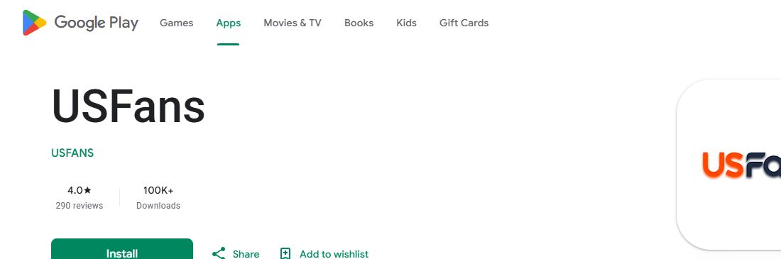 Google Play USFans title and USFANS publisher label