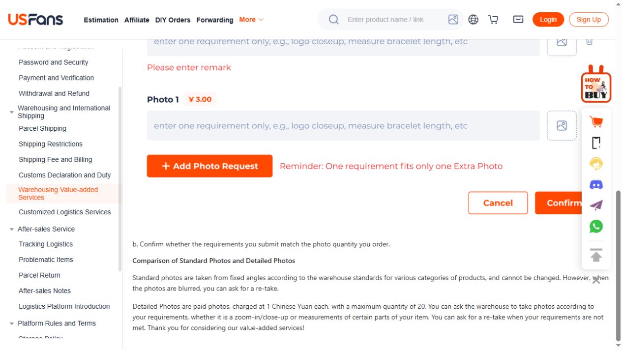 USFans measurement-photo service description alongside inconsistent published price examples