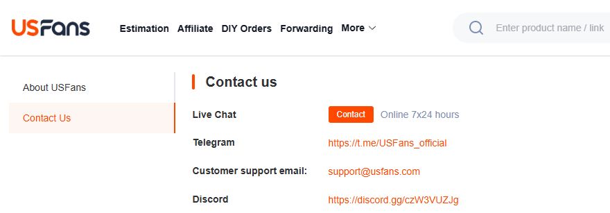 USFans branding, Contact Us selected navigation, published Discord/Telegram entries and business support email; Live Chat label.