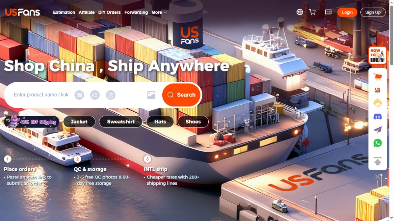 Logged-out USFans homepage showing product search and separate account-entry controls.