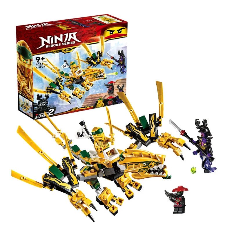 Default catalogue image: Gold-and-black dragon building-block display with figures and illustrated box. No option was selected for this image capture. Default catalogue image: Gold-and-black dragon building-block display with figures and illustrated box. No option was selected for this image capture.