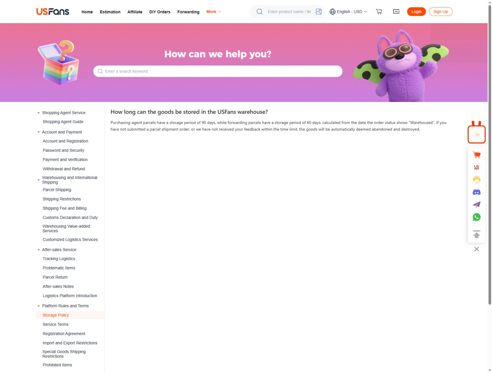 USFans storage page with 90-day and 60-day periods and expiry warning USFans storage page with 90-day and 60-day periods and expiry warning