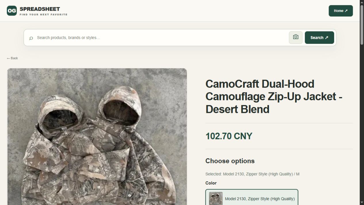 Zrzut opcji produktu OG z datą: Model 2130 Zipper Style / M, cena 102,70 CNY po wyborze rozmiaru.