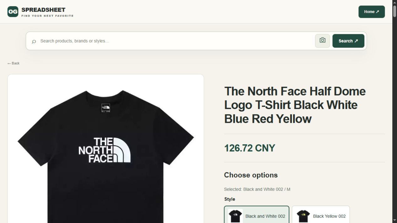 Dated OG product-option screenshot: Black and White 002 / M, 126.72 CNY; black tee with a white chest graphic.